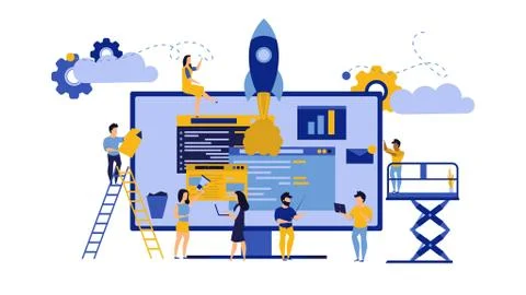 Creative teamwork vector business PC computer office illustration. Man and wo Stock Illustration