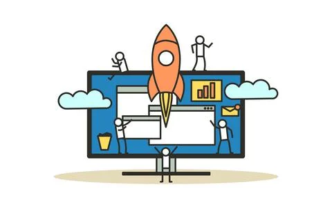 Creative teamwork vector business PC computer office illustration. Man and wo Stock Illustration