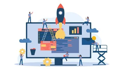 Creative teamwork vector business PC computer office illustration. Man and .. Stock Illustration