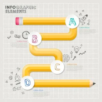 Creative template infographic with yellow curved pencil flow chart Illustrazione stock