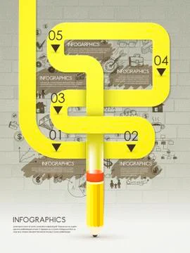 Creative template with pencil drawing yellow flow chart infographic Illustrazione stock