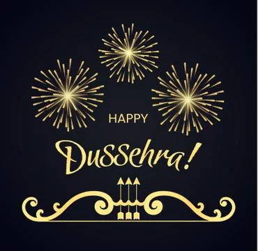 Creative text Happy Dussehra with bow, arrows fireworks background. The Illustration