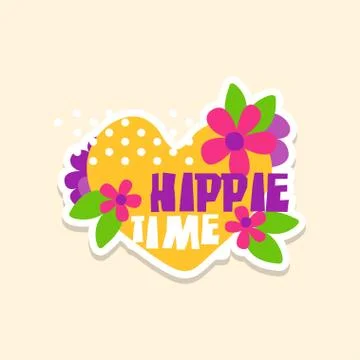 Creative text Hippie Time with heart and flowers, cute sticker in bright colors Illustrazione stock