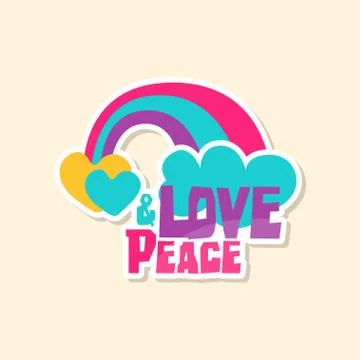 Creative text Love Peace with rainbow and cloud, cute sticker in bright colors Illustrazione stock