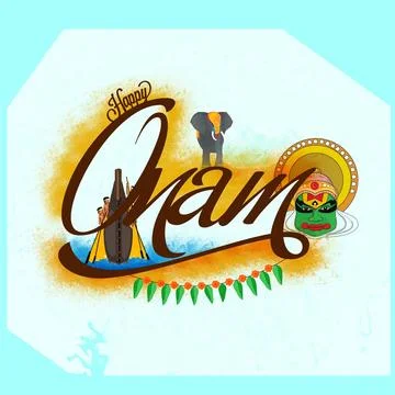 Creative Text Onam with illustration of boat race, elephant and kathakali d.. Stock Illustration