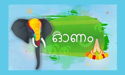 Creative Text Onam in Malayalam with decorated elephant face and woman hand.. Stock Illustration