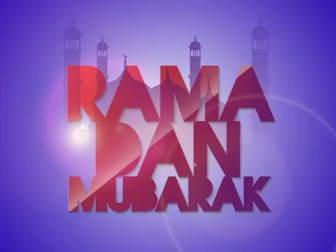 Creative text Ramadan Mubarak on mosque silhouette decorated shiny sky blue.. Stock Illustration