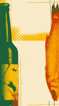 Creative textured composition. Beer bottle and fish hang side-by-side against Stock Illustration