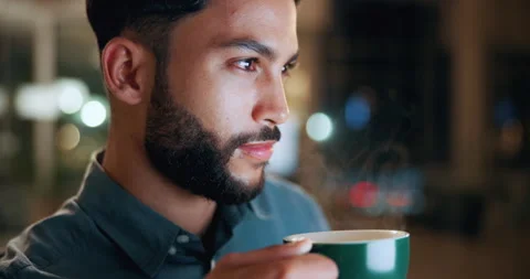 Creative, thinking and businessman with coffee in office, copywriting and plan Stock Footage 336307736