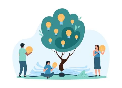 Creative thinking and idea development, education, tiny people growing knowledge Illustrazione stock