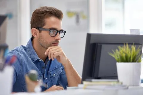 Creative, thinking and man with computer in office, typography and graphic .. Stock Photos