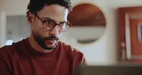 Creative, thinking and man with laptop, home or online for article, remote work Stock Footage 329446313