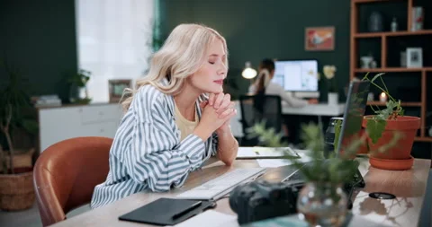 Creative, thinking and woman with computer in business, graphic designer and Stock Footage 336303930
