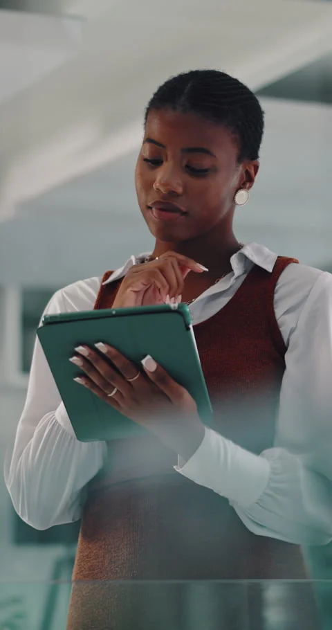 Creative, thinking and woman with tablet in business, smile and planning for ad Stock Footage 336775111