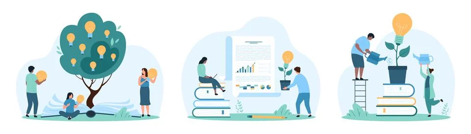 Creative thinking development of tiny people, ideas, charts and data research Illustrazione stock