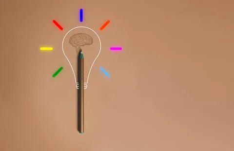 Creative thinking idea from Pen , Brain and light bulb glowing, sign of innov Stock Photos