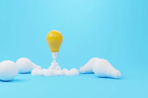 Creative thinking ideas and innovation concept. Rocket light bulb flying on g Stock Photos