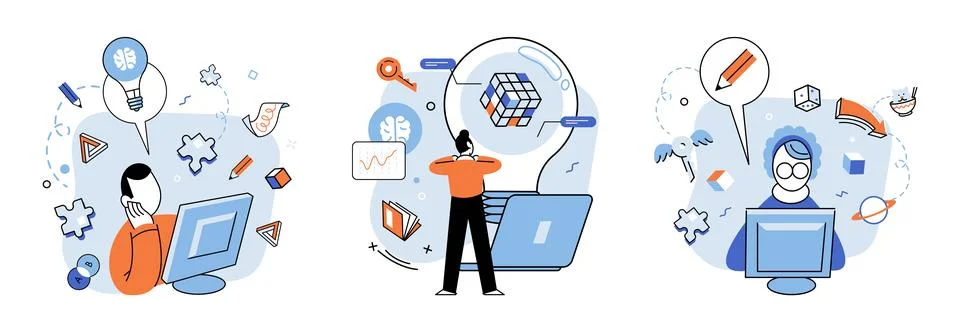 Creative thinking. It is amalgamation cognition and contemplation, ability to Stock Illustration