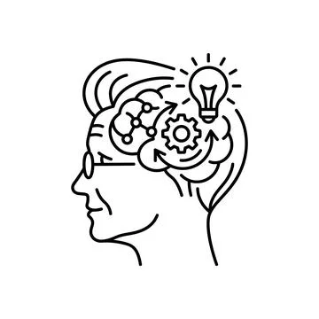 Creative thinking line icon human head with brain gears and a light bulb. Illustrazione stock