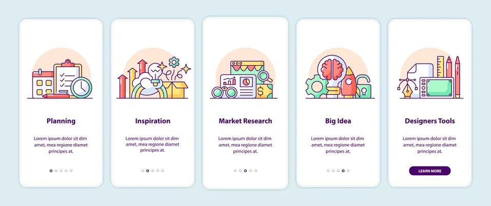 Creative thinking onboarding app screen pages Ilustración de archivo