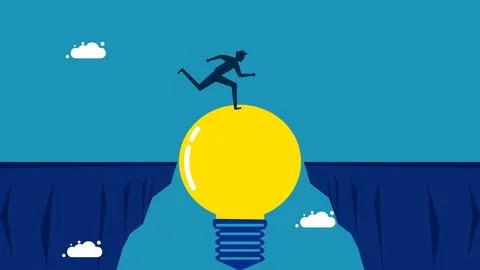 Creative thinking, overcoming obstacles. Businessman running across a light b 스톡 일러스트