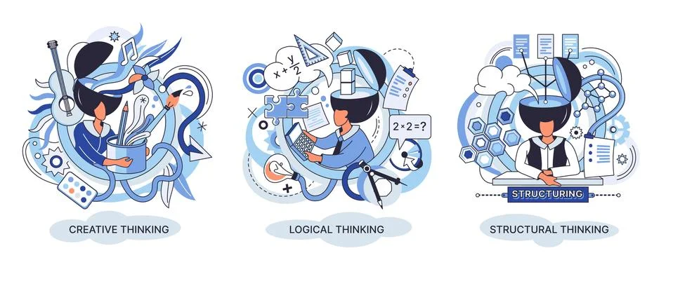 Creative thinking. People different mental mindset types or models creative Stock Illustration