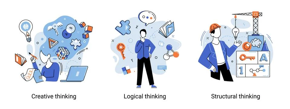 Creative thinking. People different mental mindset types or models creative Illustrazione stock