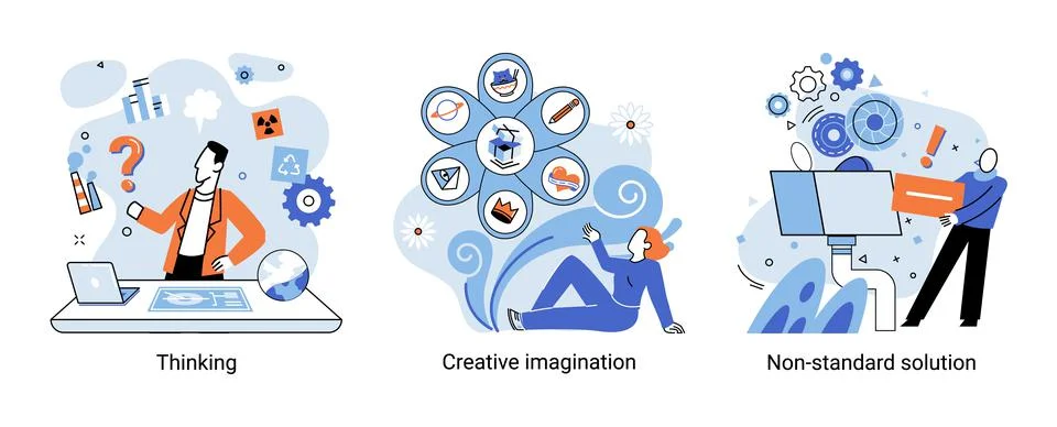 Creative thinking. People different mental mindset types or models creative Illustrazione stock