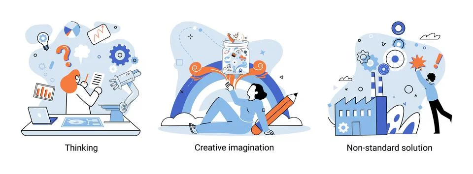 Creative thinking. People different mental mindset types or models creative Stock Illustration