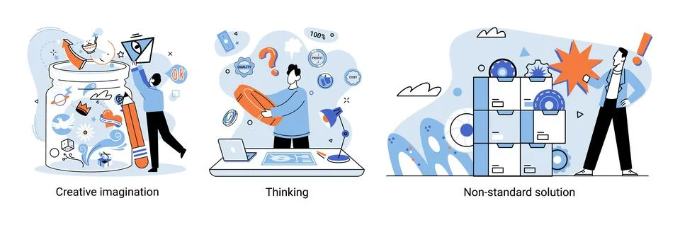 Creative thinking. People different mental mindset types or models creative Stock Illustration