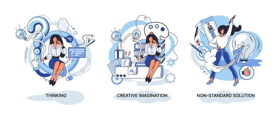 Creative thinking. People different mental mindset types or models creative Stock Illustration