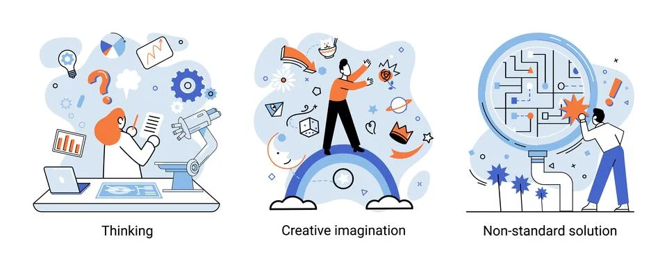 Creative thinking. People different mental mindset types or models creative Stock Illustration