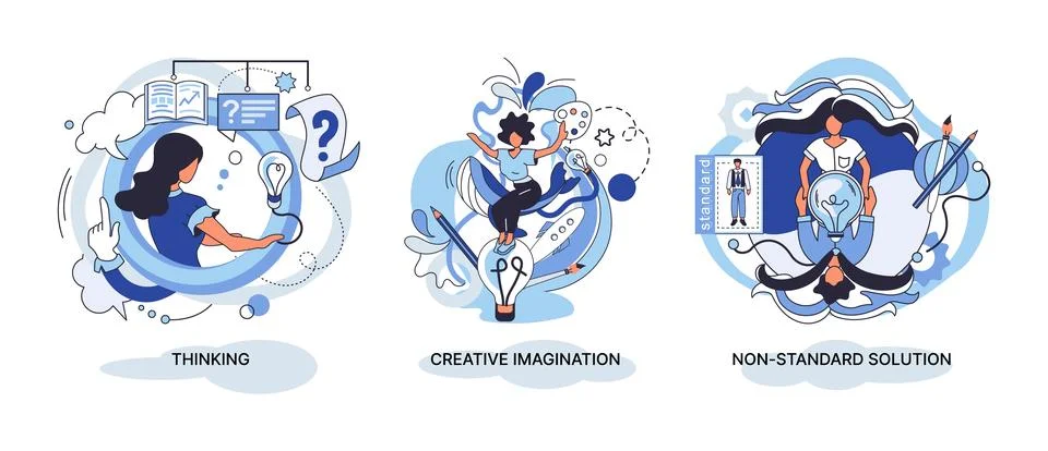 Creative thinking. People different mental mindset types or models creative Stock Illustration