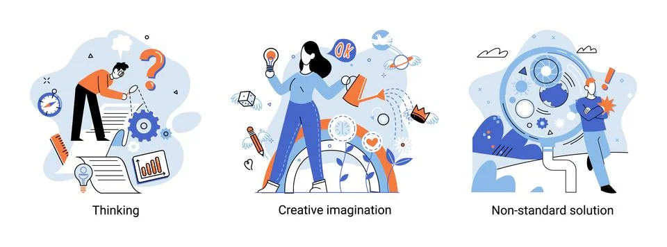 Creative thinking. People different mental mindset types or models creative Stock Illustration