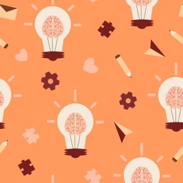 Creative thinking seamless pattern. Bright orange light bulb with brain brown Illustrazione stock