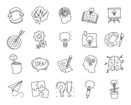 Creative thinking set in outline line art Stock Illustration