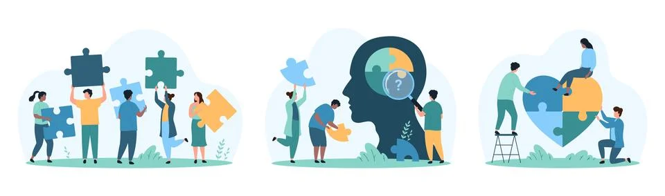 Creative thinking set, success cooperation in problem solving by tiny people Stock Illustration