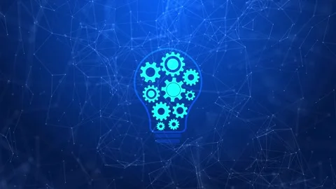 Creative thinking technology visual lightbulb outline, mechanical gears, and con Stock Footage 340573767