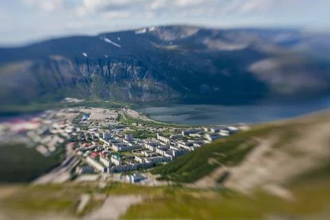 Creative tilt-shift view of Kirovsk in the Khibiny Mountains, Murmansk Region Stock Photos