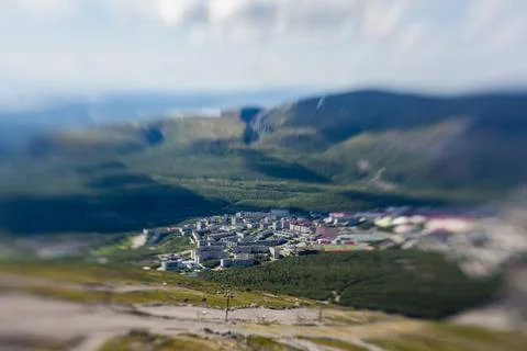 Creative tilt-shift view of Kirovsk in the Khibiny Mountains, Murmansk Region Stock Photos