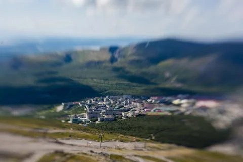 Creative tilt-shift view of Kirovsk in the Khibiny Mountains, Murmansk Region Stock Photos
