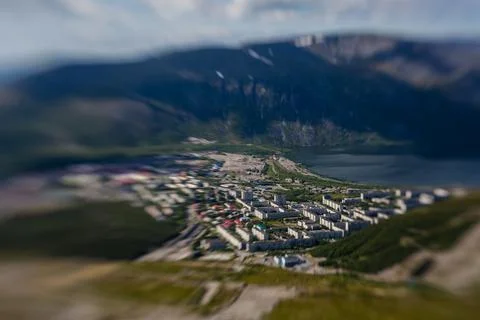 Creative tilt-shift view of Kirovsk in the Khibiny Mountains, Murmansk Region Stock Photos