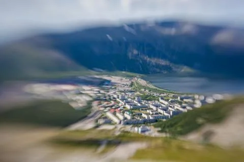 Creative tilt-shift view of Kirovsk in the Khibiny Mountains, Murmansk Region Stock Photos