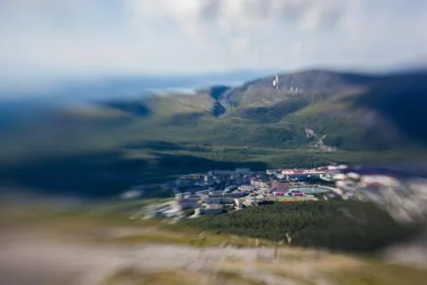 Creative tilt-shift view of Kirovsk in the Khibiny Mountains, Murmansk Region Stock Photos