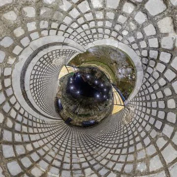 Creative tiny planet photo of a rural landscape with dirt road, green fields, Foto stock