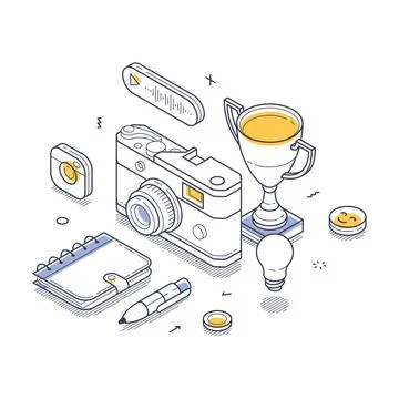 Creative tools and elements for content creation displayed in isometric lin.. Stock Illustration