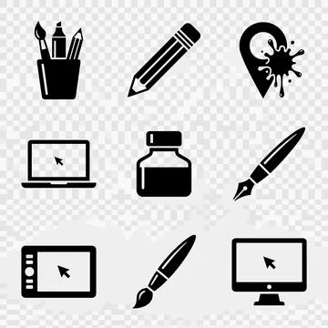 Creative tools icons set: pencil, brushes, pen, ink, laptop, monitor, table.. Stock Illustration