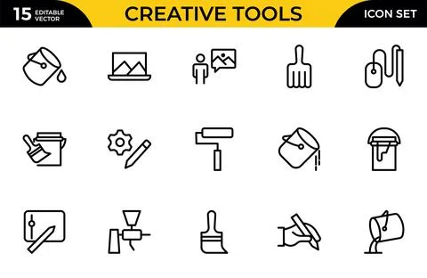 Creative Tools outline icon set. Includes art, blueprint, camera, canvas, c.. Stock Illustration