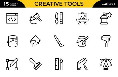 Creative Tools outline icon set. Includes art, blueprint, camera, canvas, c.. Stock Illustration
