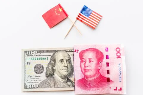Creative top view flat lay of USA and China flags and cash money, mockup and  Foto stock
